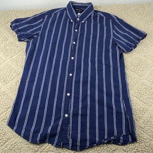 Bonobos Men Blue White Stripe Cotton Sleeve Button Shirt Size Large Long Tall